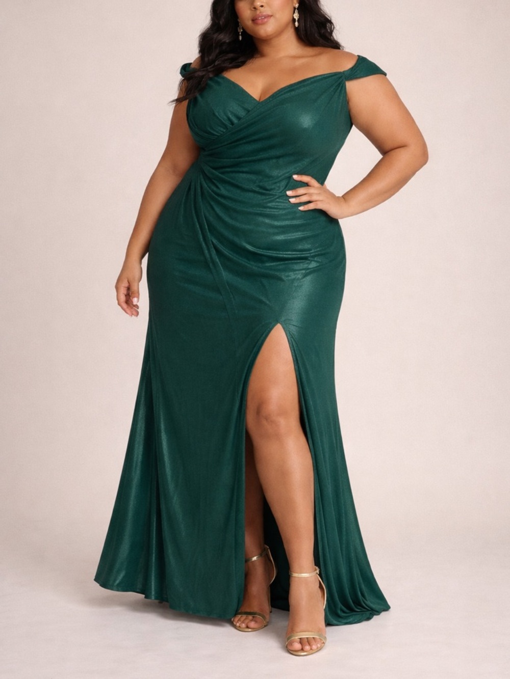 Emerald Off-Shoulder Evening Gown with Side Slit